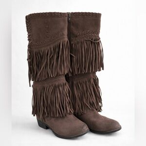 Brown Fringe Suede Heeled Boots